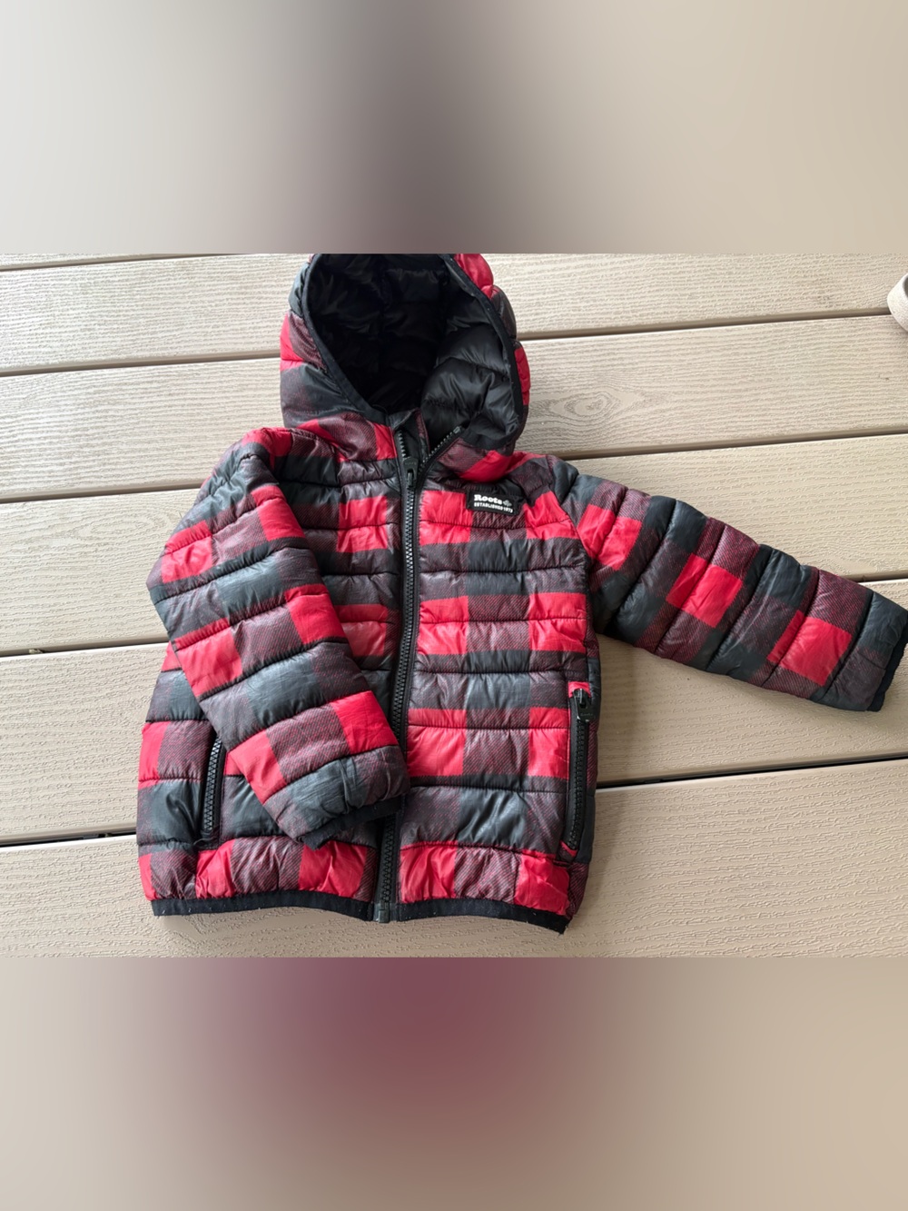 Roots Red and Black Check Puffer Jacket with Hood